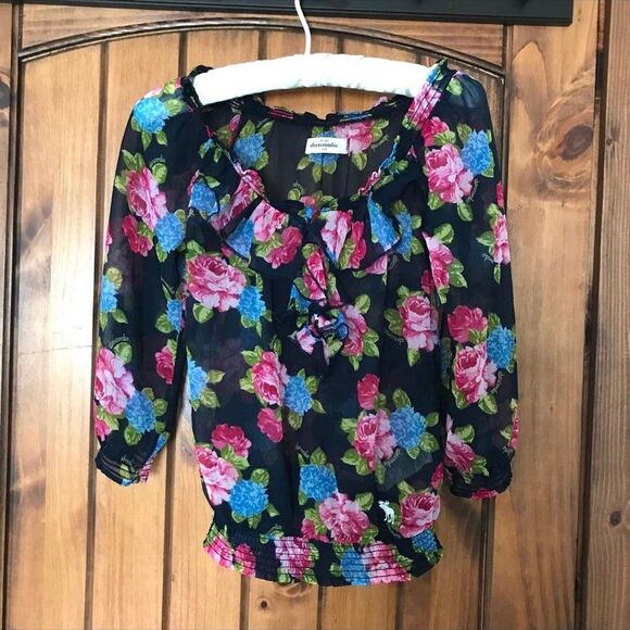 Abercrombie Kids blouse top Girls L Large light floral navy pink smocked hem - Picture 3 of 9